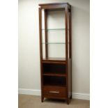 Mahogany finish free-standing display shelf, with single drawer, W57cm, H194cm,