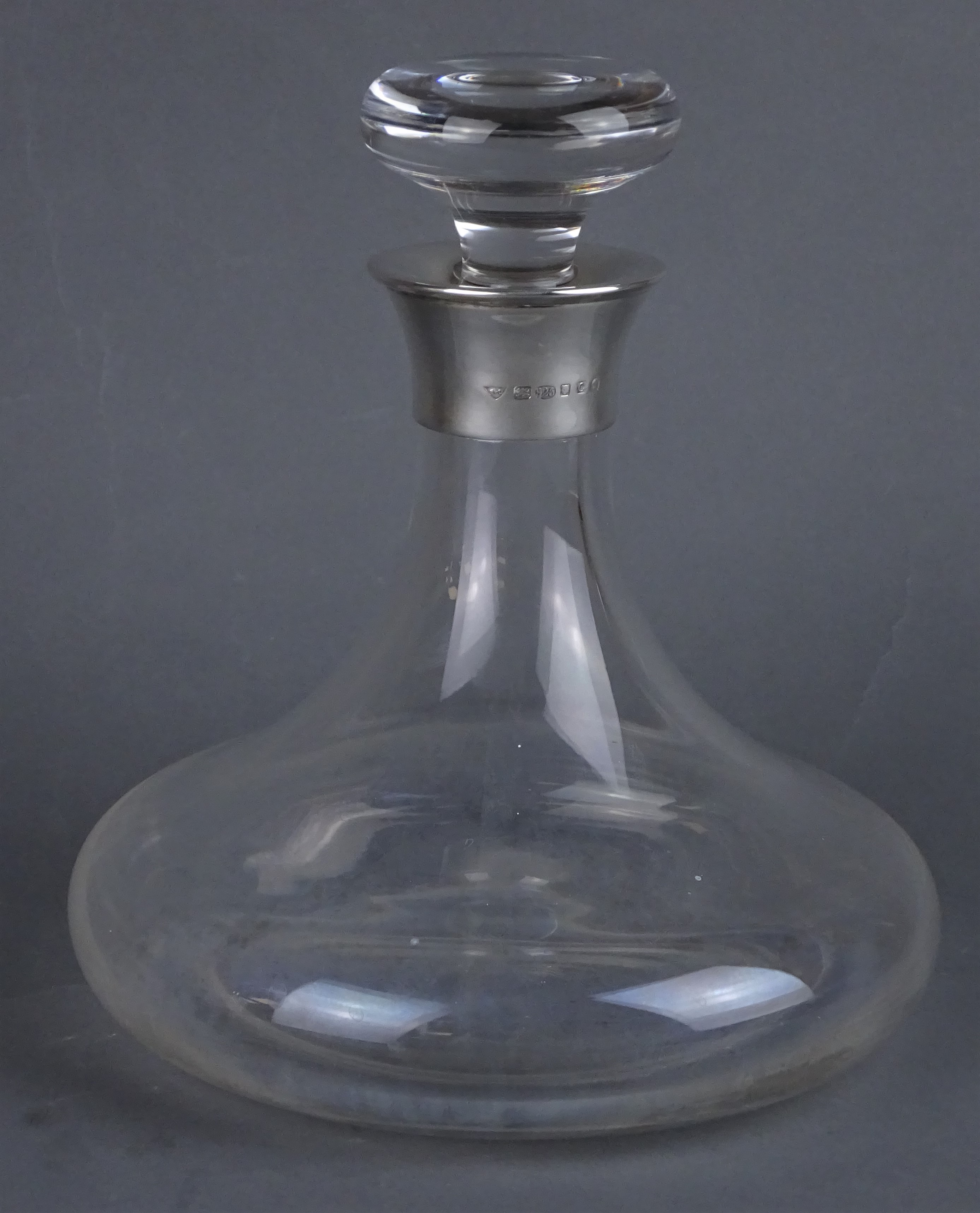 Hand blown ships decanter with hallmarked silver collar by E. P.