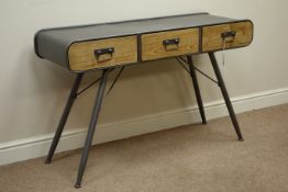 Retro industrial style pine and metal three drawer desk/console table, W121cm, H75cm, D39cm