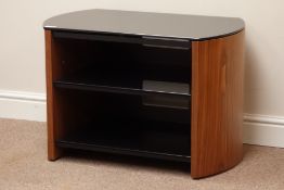 Walnut finish television stand with curved sides and glass top, 75cm x 45cm,
