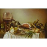 Still Life of Ham, Goblet of Wine and Fruit, 20th century oil on board unsigned 38.5cm x 68.