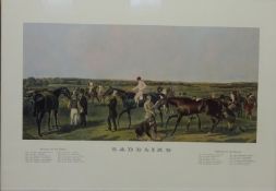 'Saddling- Winners of the Derby 1853-1876', 20th century colour print 49cm x 68.