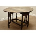 18th century oak drop leaf dining table, on turned double gate leg base, 108cm x 137cm,