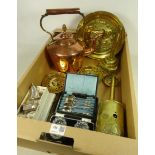 19th Century copper kettle, brass jam pan, other vintage brass pans,