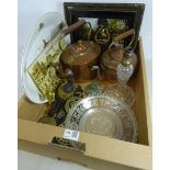 Two 19th Century copper kettles, 19th Century and later horse brasses, meat dish,