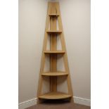 Oak finish five tier corner stand, W73cm,