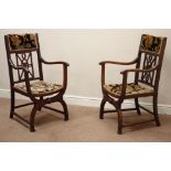 Pair Edwardian walnut armchairs, x-shaped supports, fret work backs,