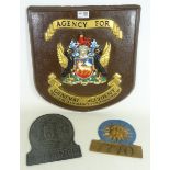 Fire and Life Assurance Corporation shield shaped sign H41cm and two cast metal insurance plaques