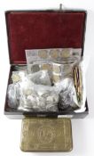 Old sixpences, copper coins, notes and stamps,