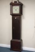 18th century oak longcase clock, thirty hour movement striking on bell, painted enamel dial,