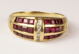 Ruby and diamond channel set bombe ring stamped 750 Condition Report <a