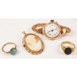 Early 20th century gold and enamel wristwatch stamped 585 14k on expanding bracelet stamped 9ct,