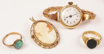 Early 20th century gold and enamel wristwatch stamped 585 14k on expanding bracelet stamped 9ct,