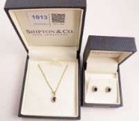 Shipton & Co sapphire and diamond pendant necklace stamped 375 and a matching pair of ear-rings