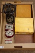 Jewelers cast iron ring enlarging tool stamped 'A & GP' and assorted watch glass boxes in one box