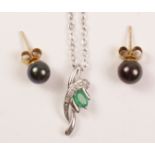 Emerald and diamond pendant necklace and a pair of grey pearl ear studs all stamped 375