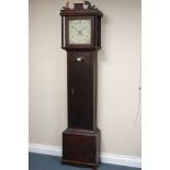 18th century oak longcase clock, thirty hour movement striking on bell, painted enamel dial,