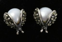 Pair of pearl and marcasite Ladybird ear-rings stamped 925 Condition Report <a