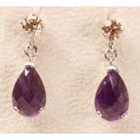 Pair amethyst and diamond white gold ear-rings hallmarked 9ct (diamonds approx 0.