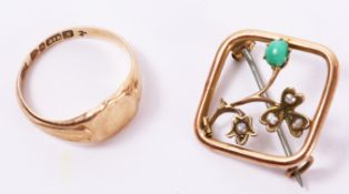Rose gold signet ring Chester 1912 and a turquoise and seed pearl brooch stamped 9c