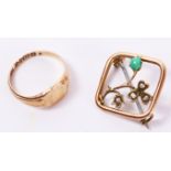 Rose gold signet ring Chester 1912 and a turquoise and seed pearl brooch stamped 9c