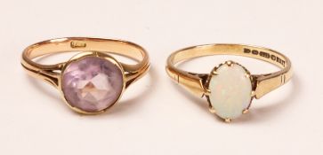 Rose gold ring set with an amethyst stamped 9ct and an opal ring hallmarked 9ct Condition