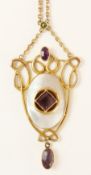 Art Nouveau amethyst and mother of pearl pendant necklace stamped 9ct Condition Report