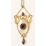 Art Nouveau amethyst and mother of pearl pendant necklace stamped 9ct Condition Report