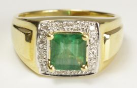 Square cut emerald and diamond cluster ring stamped 18kt approx 9.