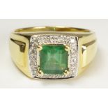 Square cut emerald and diamond cluster ring stamped 18kt approx 9.