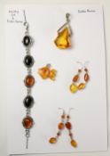Baltic amber pendants and pairs ear-rings and a Whitby Jet and Baltic amber bracelet stamped 925