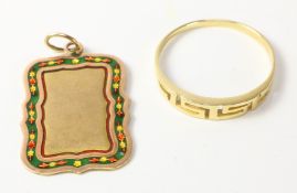 Turkish rose gold and enamel pendant stamped 14 and a Greek key ring stamped 585 approx 6.