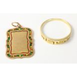 Turkish rose gold and enamel pendant stamped 14 and a Greek key ring stamped 585 approx 6.