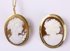 Two cameo brooch/pendants stamped 750 and chain necklace hallmarked 9ct Condition Report