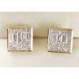 Pair of square set diamond and baguette diamond ear-rings hallmarked 18ct Condition