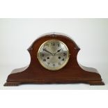 20th century walnut mantel clock, twin train movement striking the hours and halves on coil,