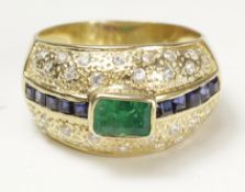 Emerald, sapphire and diamond half bombe ring tested to 18k approx 7.