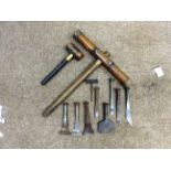 Shipwrights caulking mallet, seizing mallet and a quantity of caulking irons & tools,