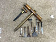 Shipwrights caulking mallet, seizing mallet and a quantity of caulking irons & tools,