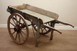 Early 20th century wooden hand cart, iron bound spoked wheel with cart spring suspension,