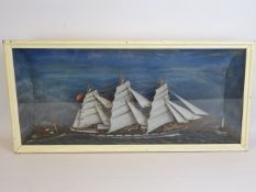 Cased diorama of a three master under full sail and a steam tug passing a lighthouse, W74cm, D13cm,