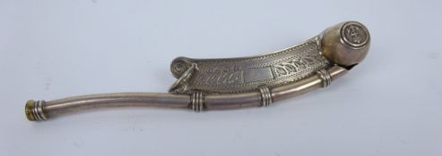 Victorian silver Bosuns whistle of typical form with engraved decoration and anchor to the boss end,