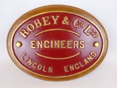 Cast brass & painted oval plaque for 'Robey & Co. Ltd.