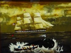'19th century American Whaling Vessel at Sea', reverse painting on glass,