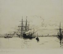 Two Tugs Pulling a Three Masted Sailing Vessel,