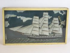Cased niave diorama of a three master under full sail, passing a lighthouse, W58cm, D6.5cm, H33cm.