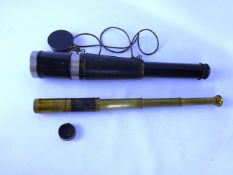 20th century black japanned and leather three draw telescope, with end cap, eyepiece stamped AW,