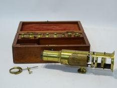 19th century brass Martin type drum microscope, engraved J P Cutts Sutton & Son,