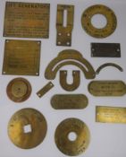 Collection of brass information plaques, including Test Valve, Astern,