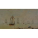 Sailing Vessels off the Coast in Calm Waters,